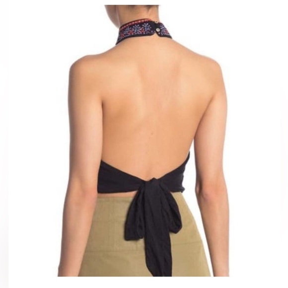 NWT Free People Boho Hippie Black Halter, Tie Back, Embroidered Beaded Crop Top - Picture 2 of 14